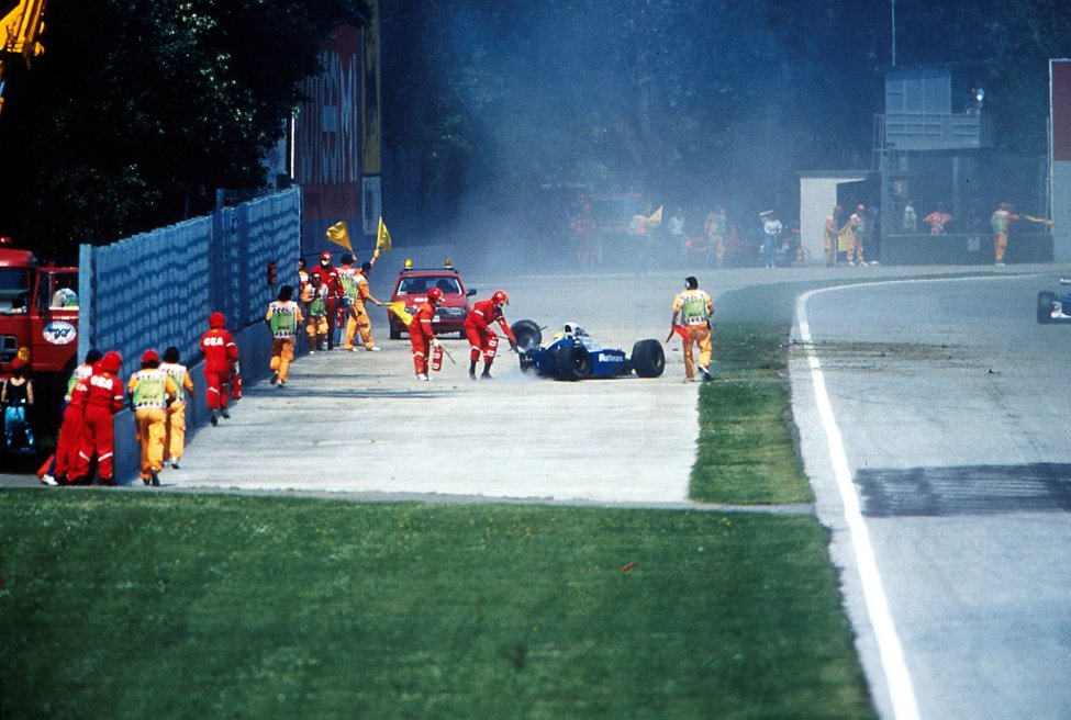 Ayrton Senna crashes his Williams into the wall at the Tamburello corner at the Circuit Enzo e Dino Ferrari, Imola.
