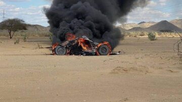 Dakar car catches fire before the rally begins