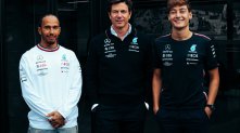 Team Principal CEO Toto Wolff with drivers Lewis Hamilton George Russell